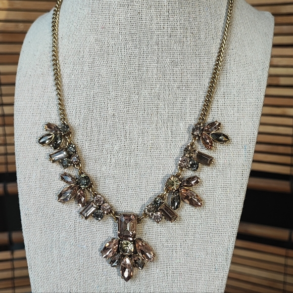 J Crew Emerald Cut Peach and Smoke Rhinestone Statement Necklace Citrine Navette - Picture 2 of 16